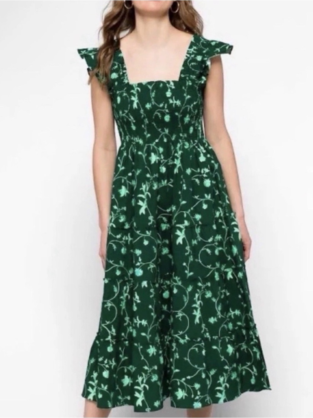Hill House Green Floral Square-Neck Midi Dress
